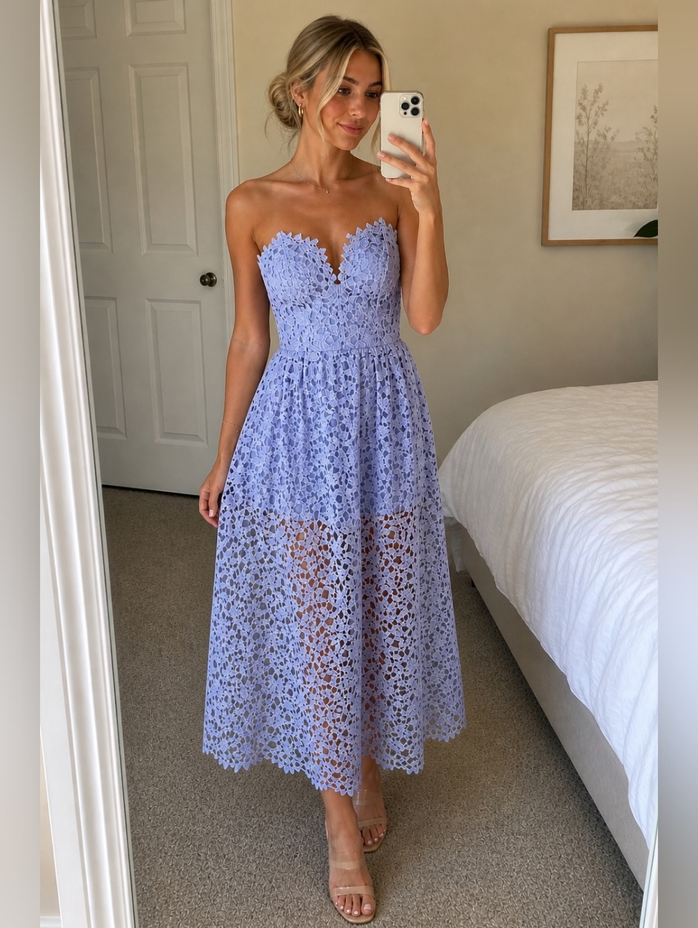 ASTR Light Blue Lace Strapless Midi Dress Size S Sheer Overlay